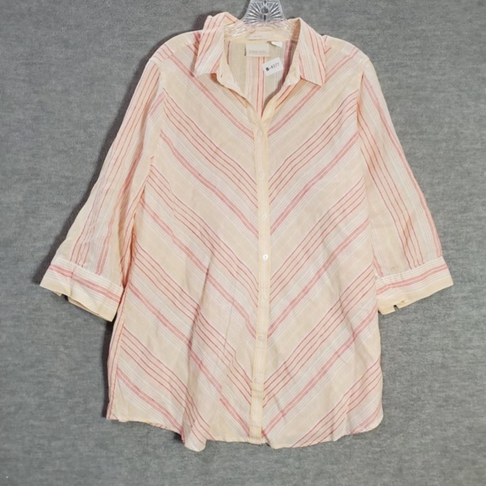Chico's Women Top 3 Orange Striped Linen Tunic Shirt Beach 3/4 Sleeve Collar